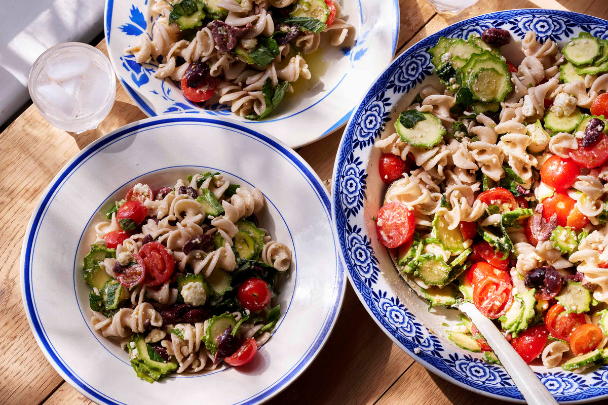Tomato Courgette, Black Olive Pasta Salad