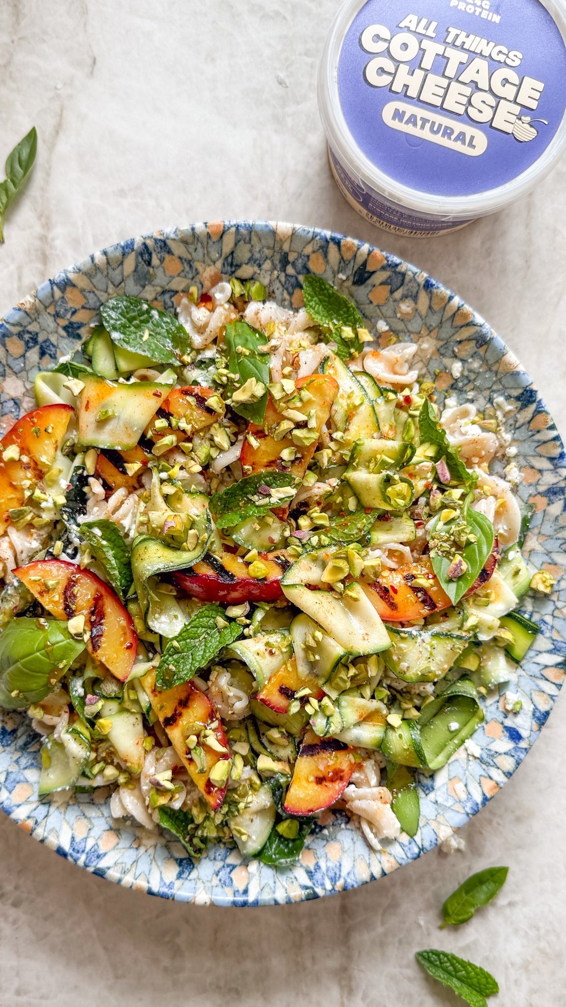 Cottage Cheese, Charred Peach, Basil & Hot Honey Pasta Salad