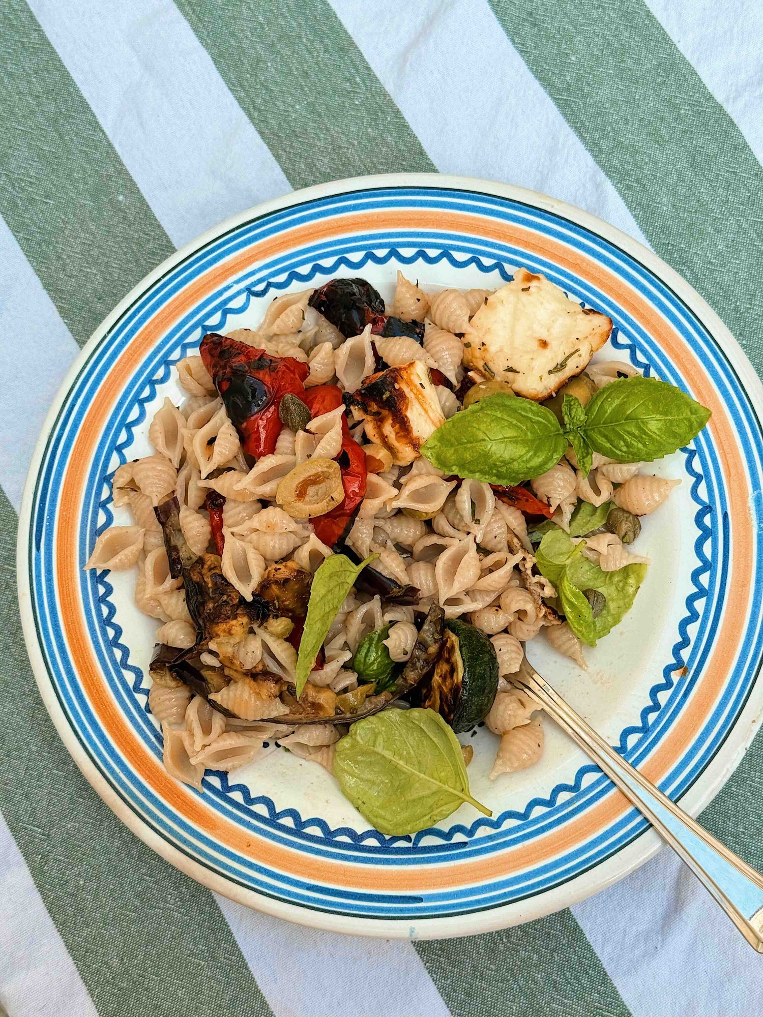 BBQ aubergine and pepper, olive and caper Conchigliette