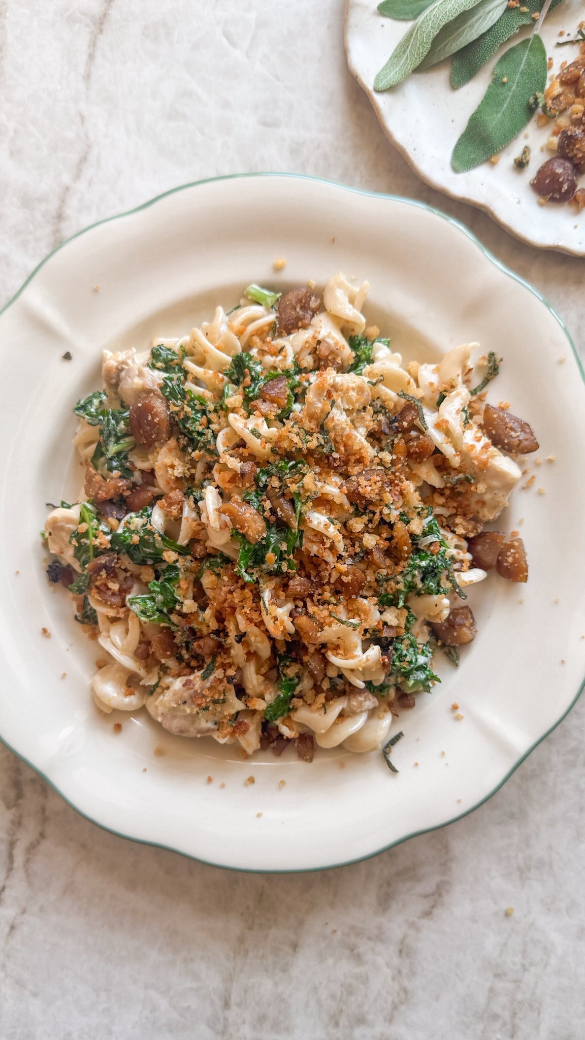 Chicken & Kale Alfredo Fusilli with Sage Chestnut Crumb