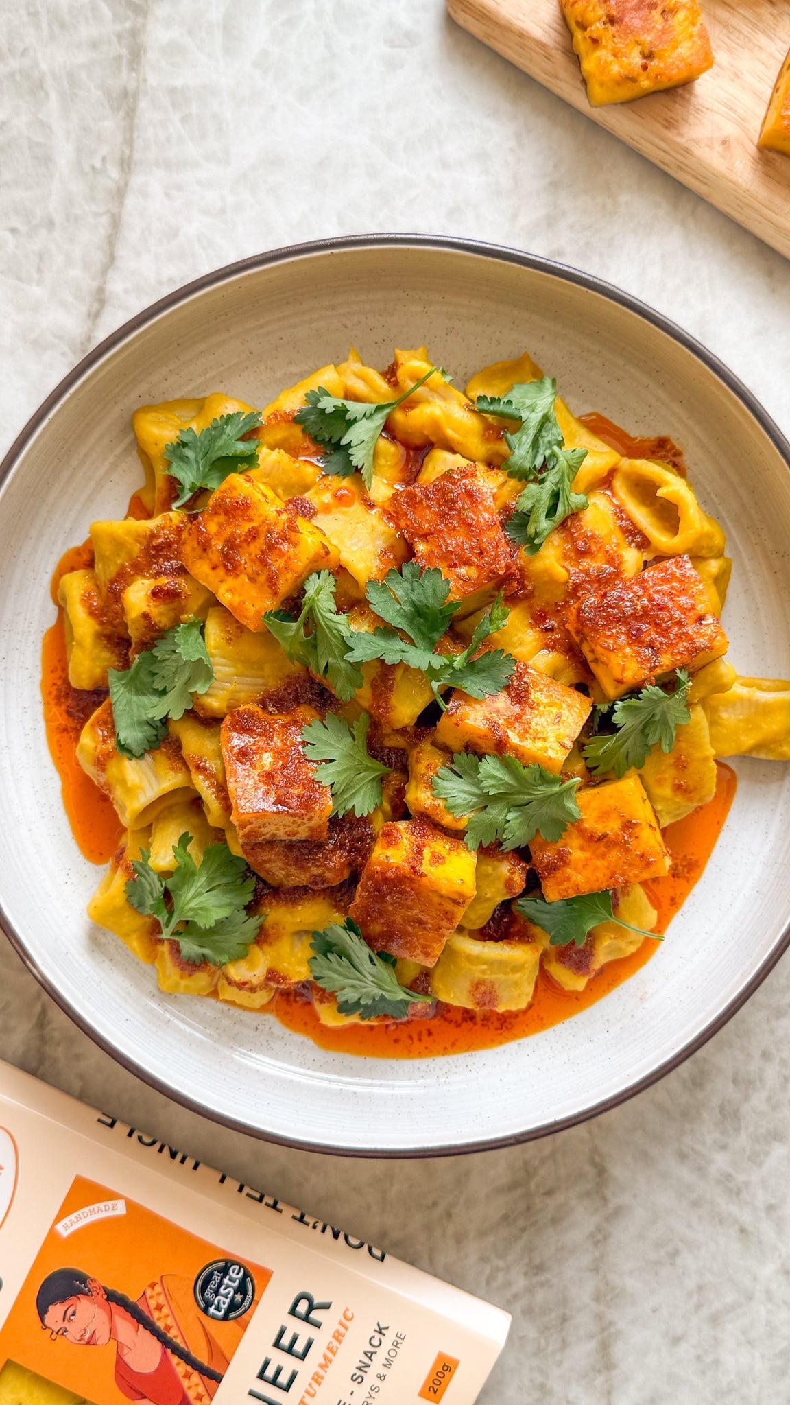 Coconut Squash Rigatoni with Crispy Paneer & Chilli Lime Butter
