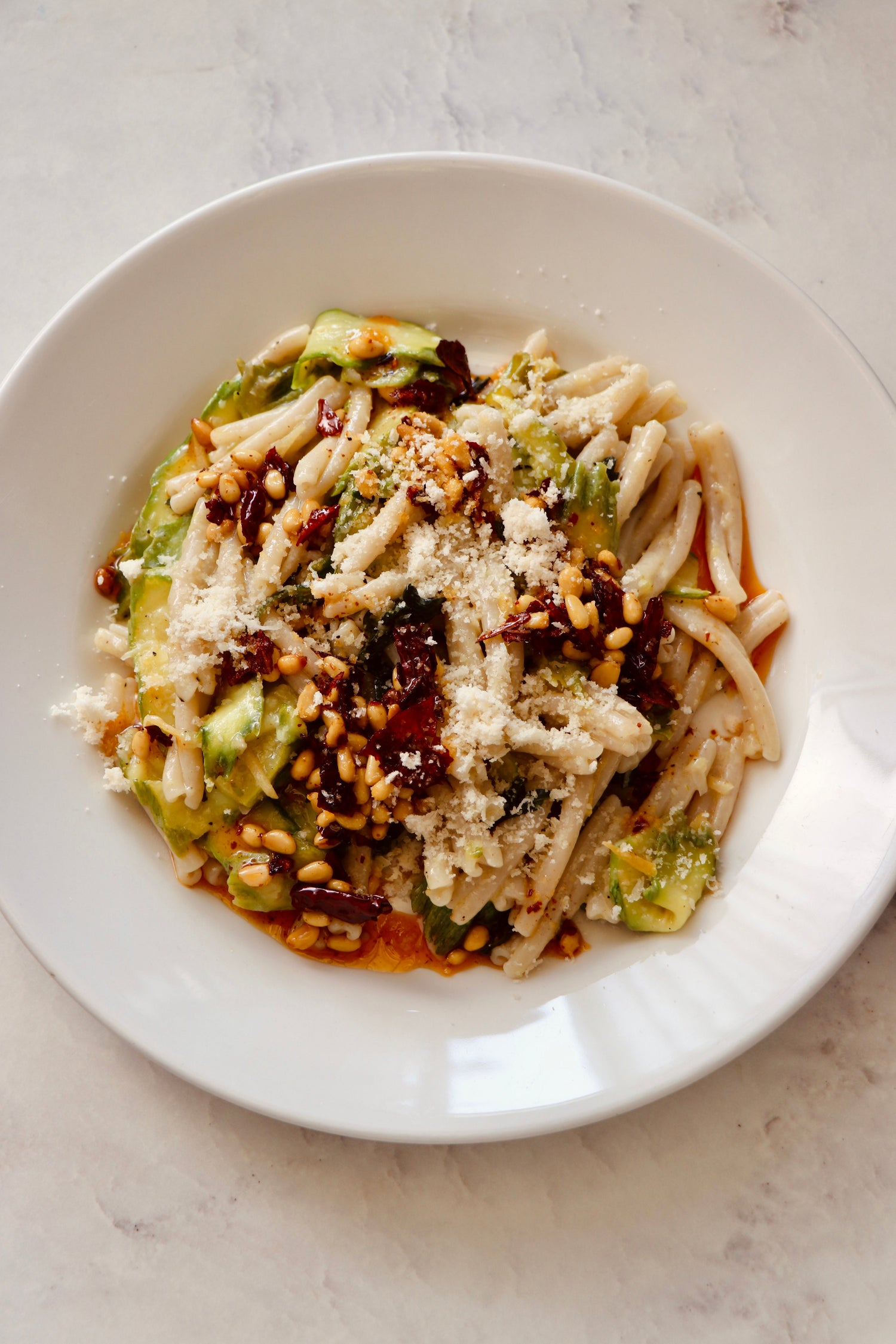 Slow-Cooked Courgette Casarecce with Cinnamon, Lemon & Crispy Chillies