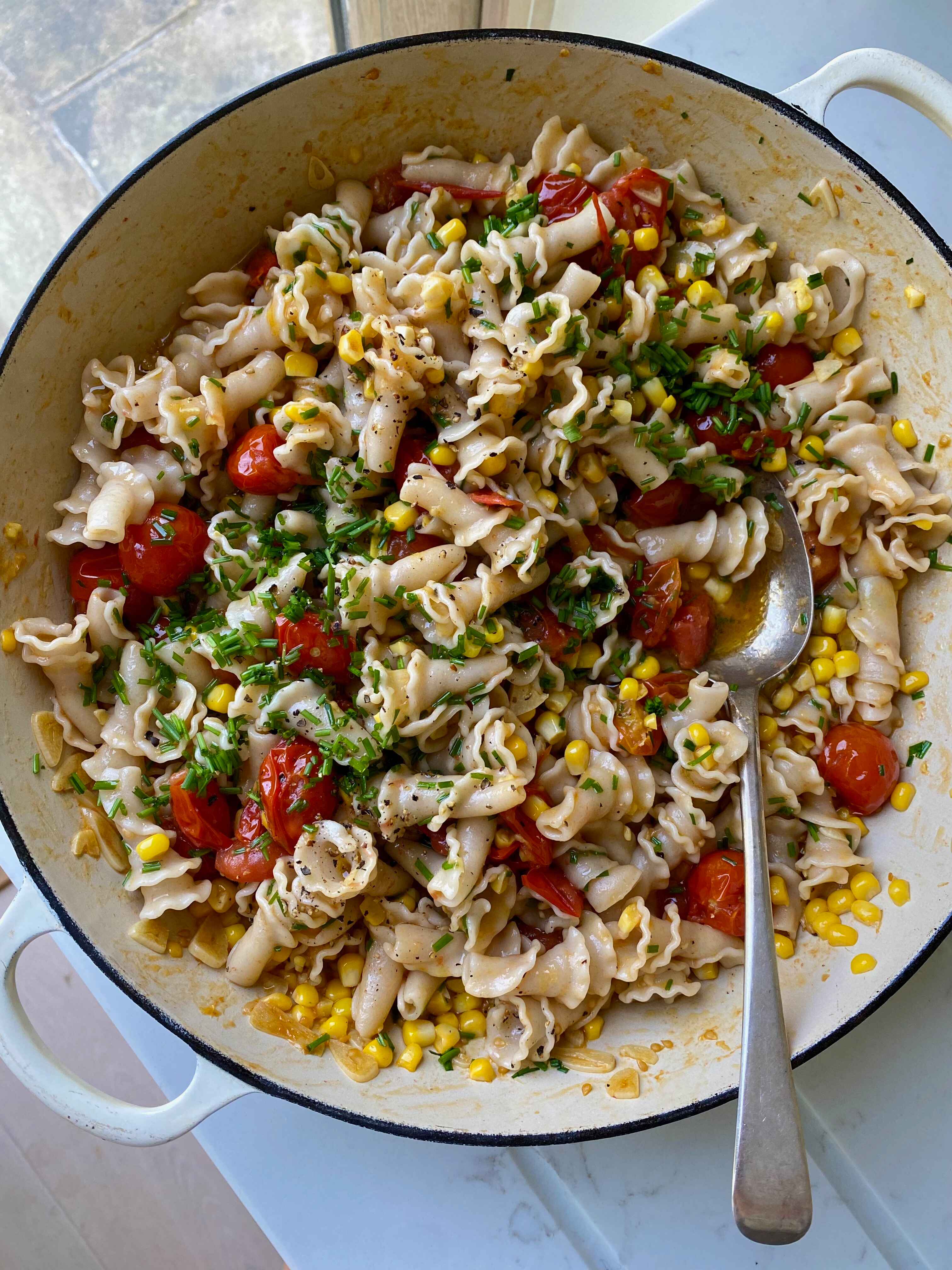 Summery gigli with seasonal sweetcorn and fresh tomatoes - pasta salad