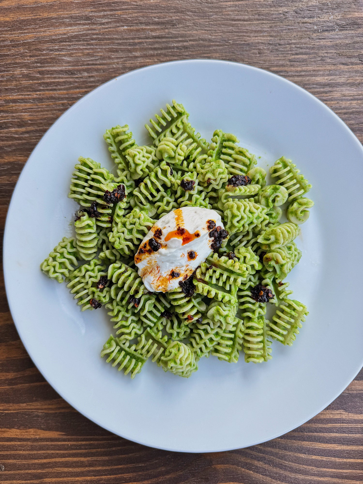 Radiatori with Rocket sauce, Whipped Ricotta and Chilli Crisp