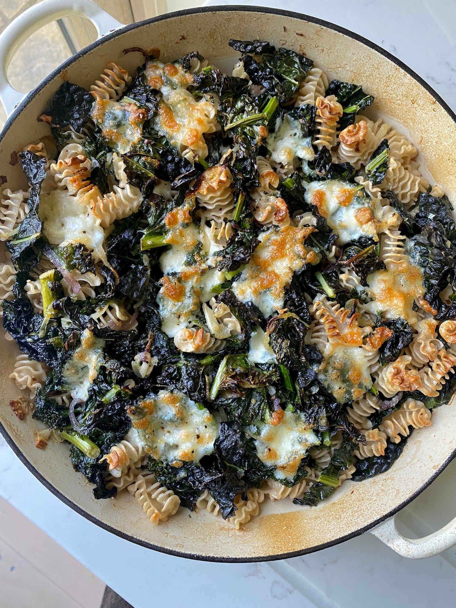 Greens, anchovy & mozzarella baked radiatori