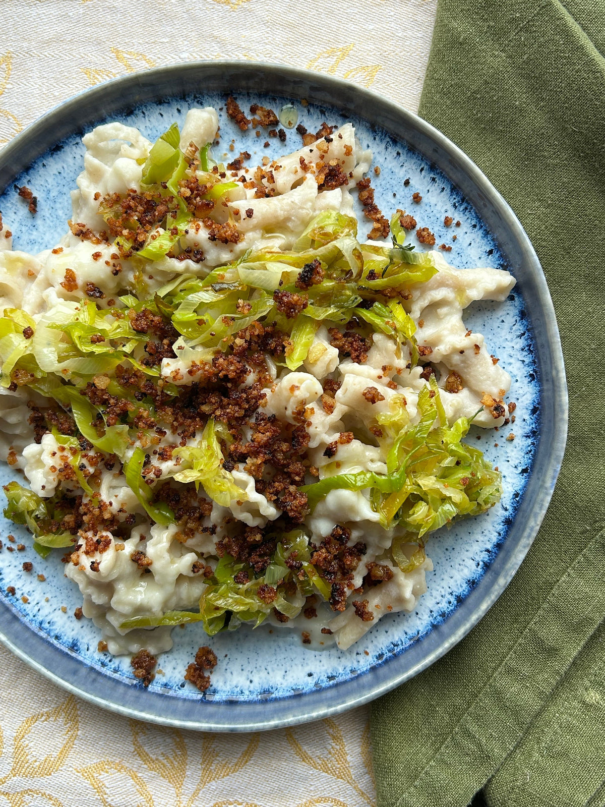Creamy Celeriac Gigli, Caramelised Leek and Marmite Pangrattato