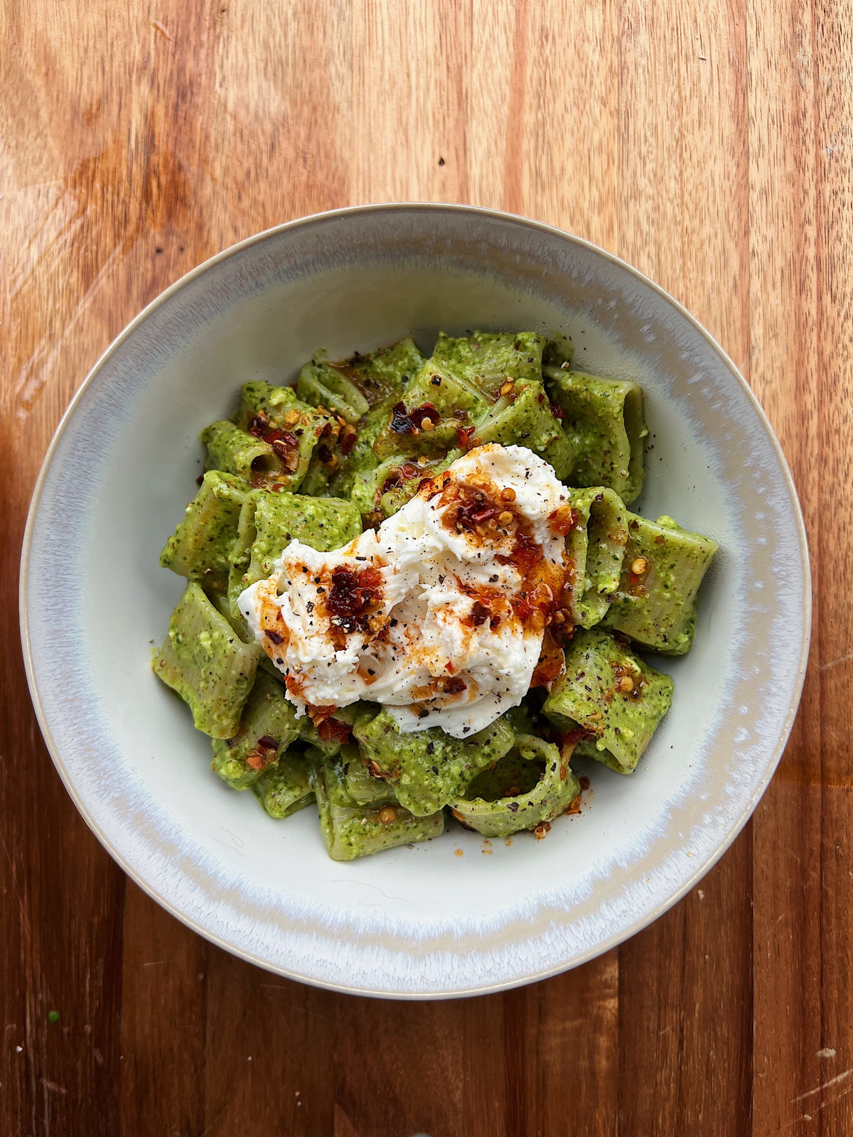 Georgia Hughes' Hazelnut Pesto Rigatoni with Chilli Oil & Mozzarella