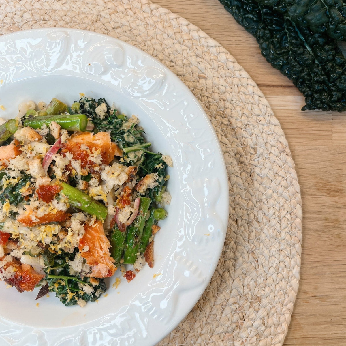 Casarecce with Wild Garlic, Asparagus, Charred Greens & Hot Smoked Salmon