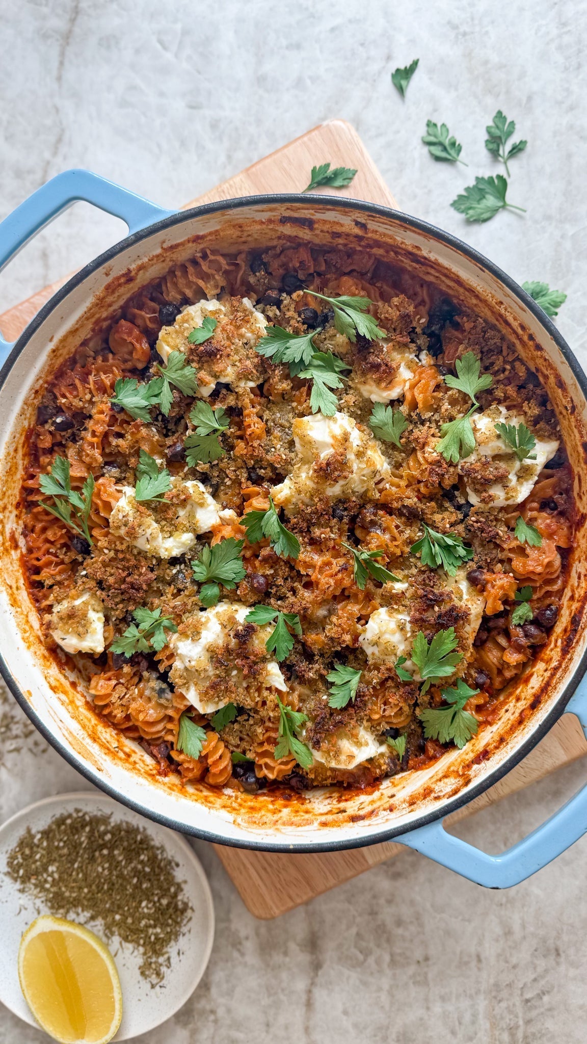 Ottolenghi One-Pan Aubergine Pasta with Black Chickpeas, Ricotta & Za’atar Crumbs