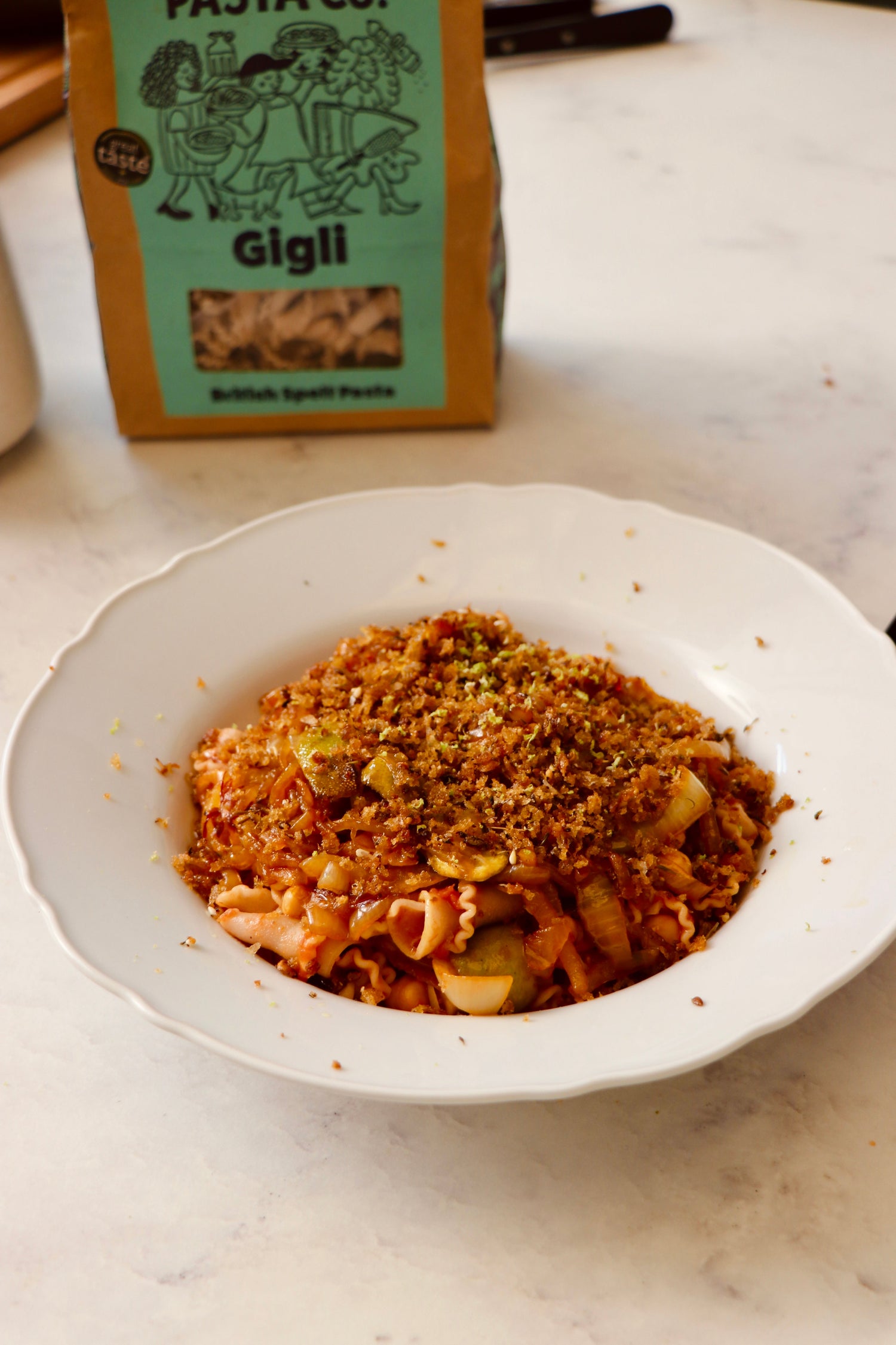 Tomato & Tamarind Gigli with saffron confit onion and za’atar breadcrumbs