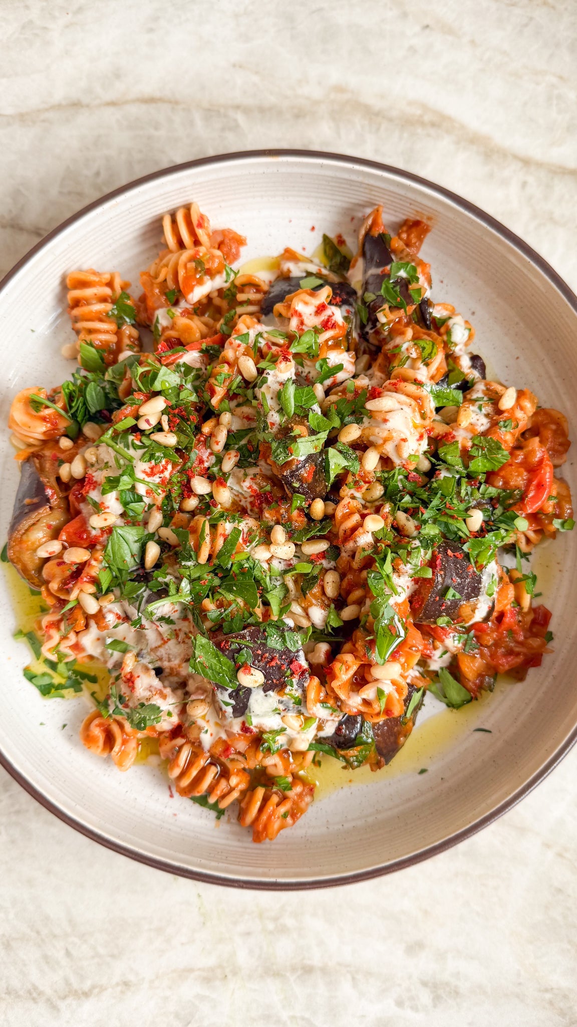 Harissa Aubergine Tomato & Tahini Radiatori