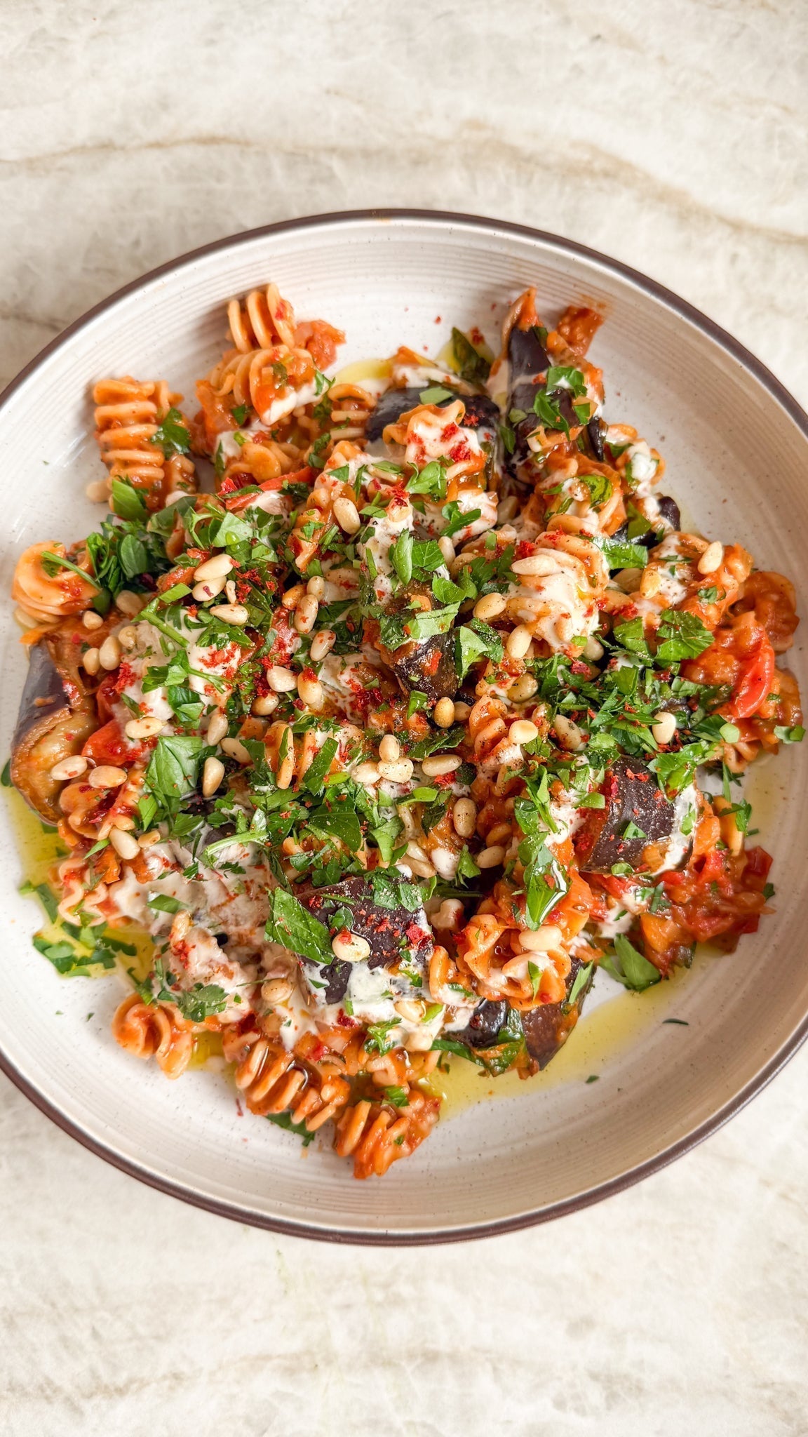 Harissa Aubergine Tomato & Tahini Radiatori