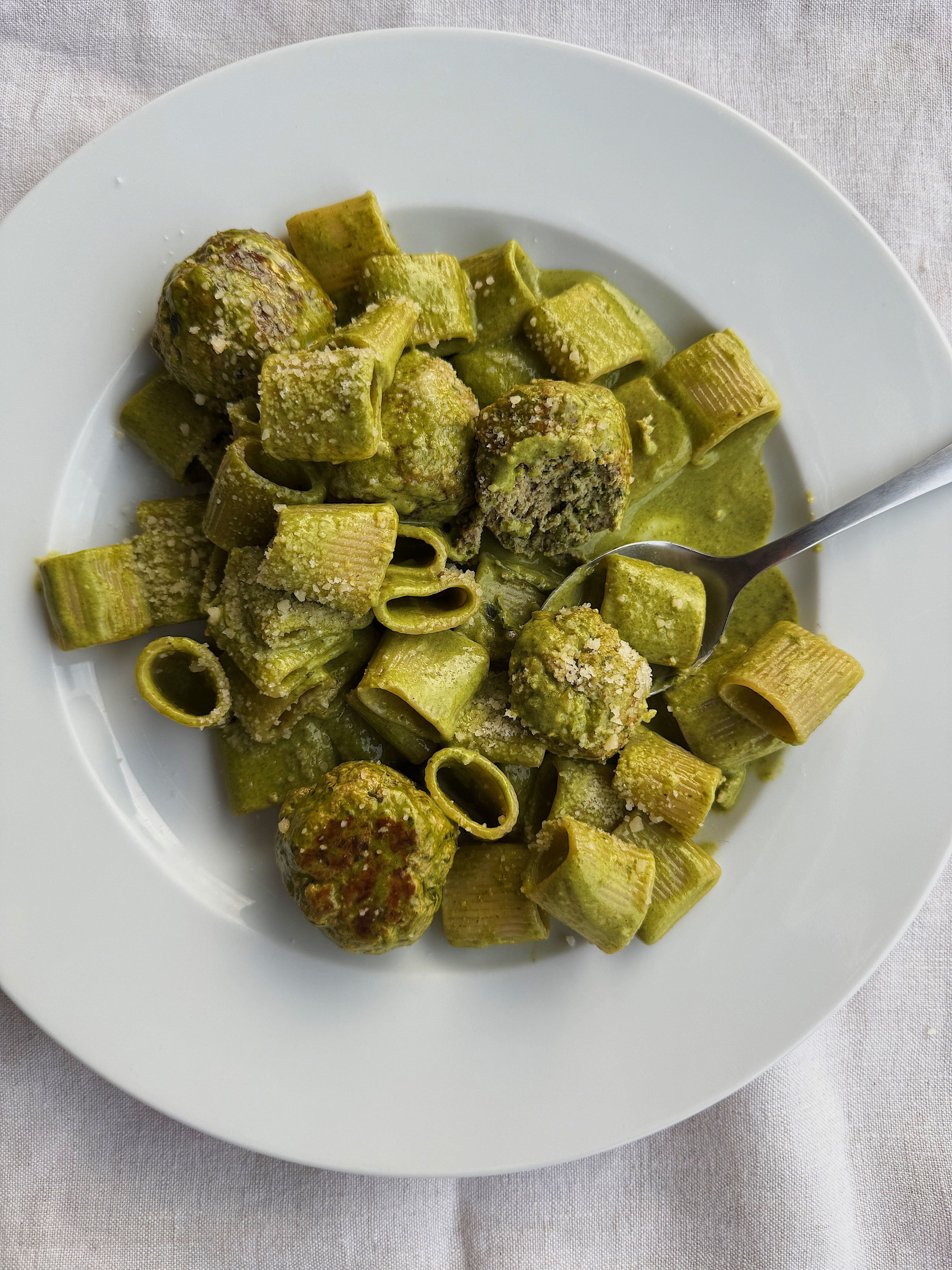 Lemon, Ricotta and Parsley Meatballs with Spinach Rigatoni