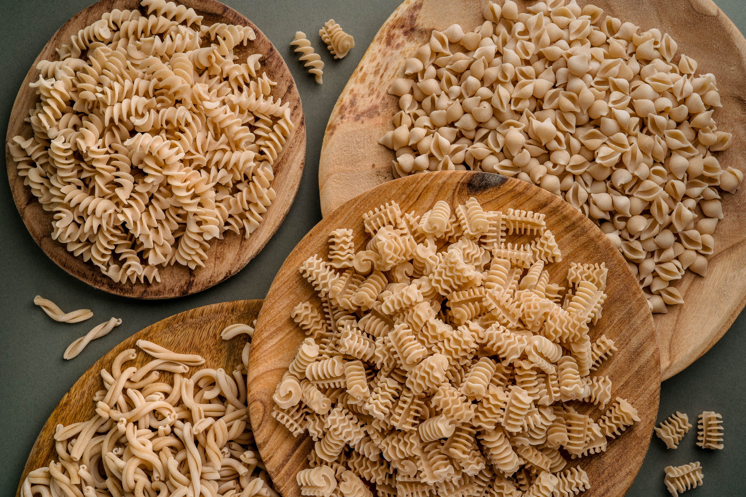 Various shapes of Northern Pasta, Fusilli, Casarecce, Conchigliette and Radiatori